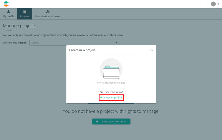 Screenshot of project confirmation