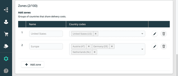 Example use of zoning countries based on proximity for shared shipping costs