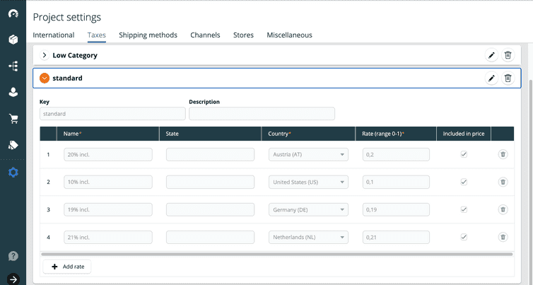 A list of Tax Rates in Project settings