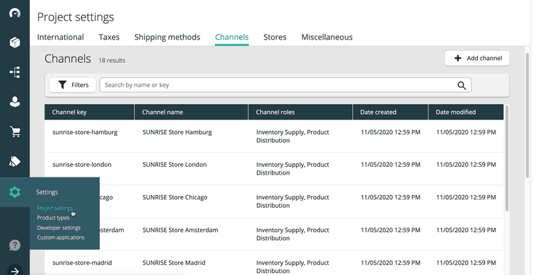 Channels in the Project settings