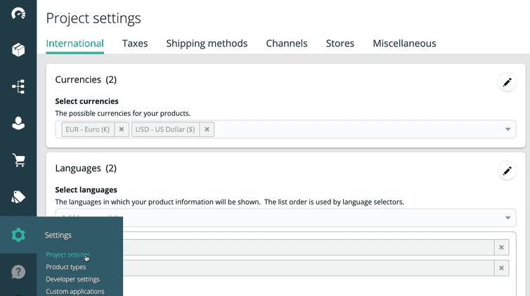 The Project settings in a Project