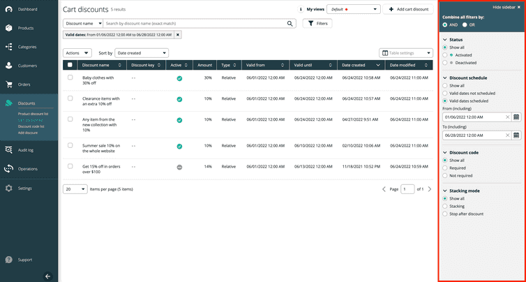Discount search filters sidebar including the new Discount schedule filter