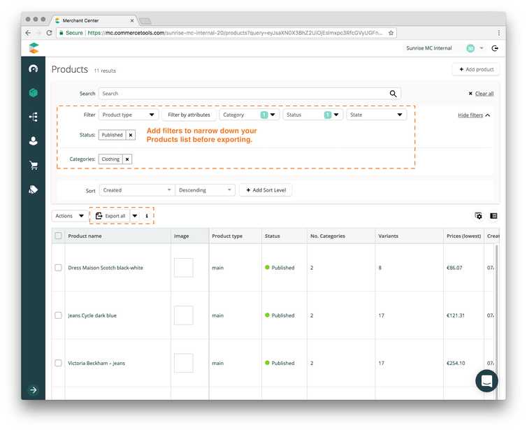Screen Export filtered