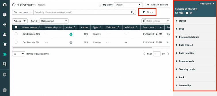 New search filters, exemplary for the Cart Discount list