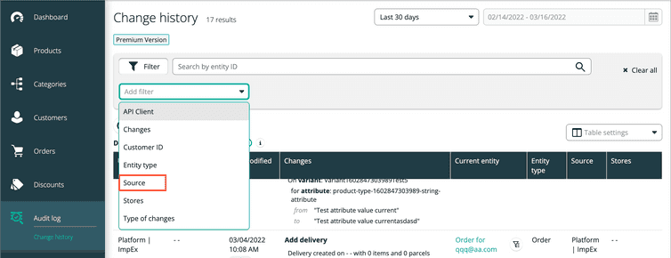 Filter Stores in Change History column filter