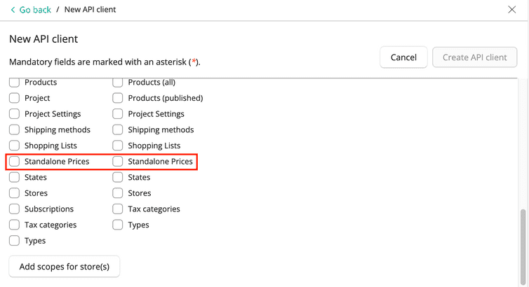 Manage Standalone Prices and View Standalone Prices Scopes for API Client