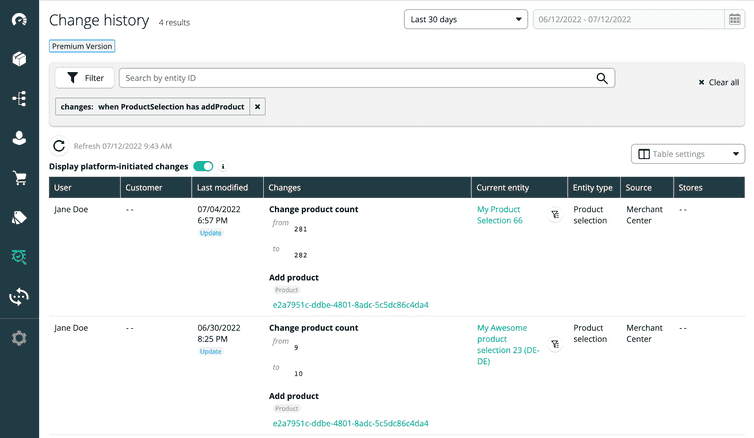 View changes in the Change History table