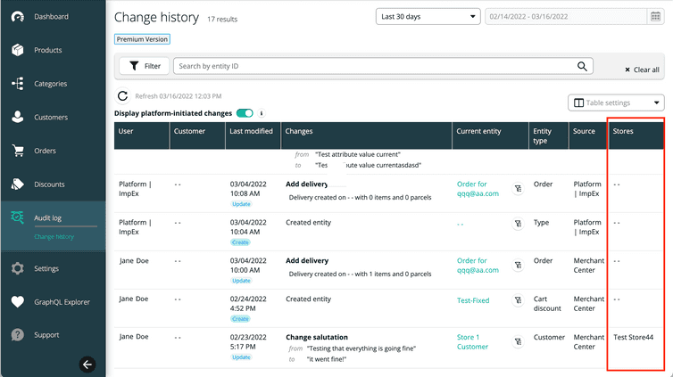 View Stores in Change History Stores column