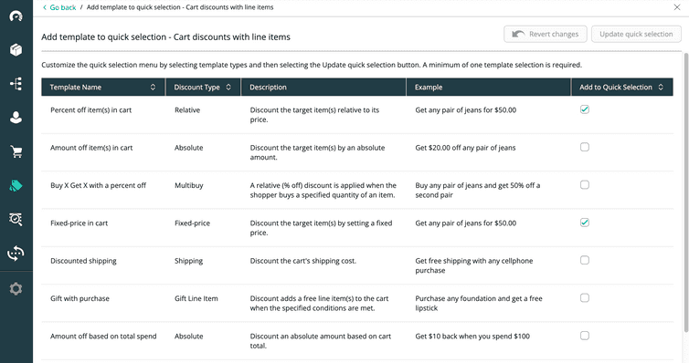 Edit template quick selection