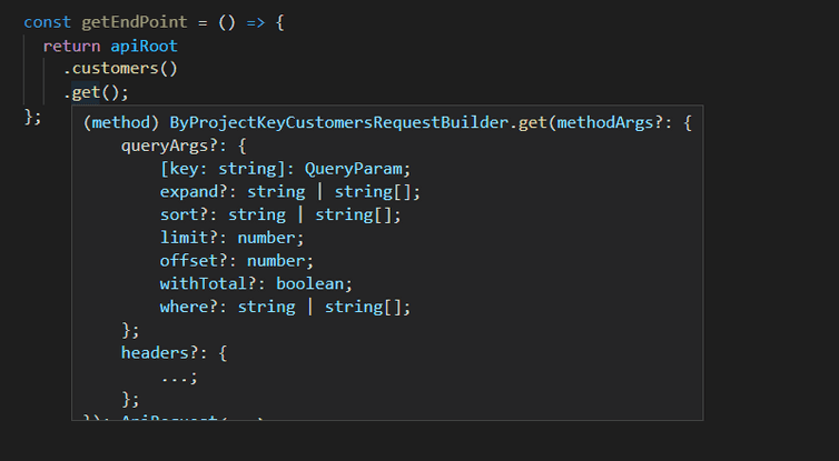 Screenshot of autocomplete for get() to the Customer endpoint