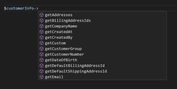 Screenshot of autocomplete for Customer object