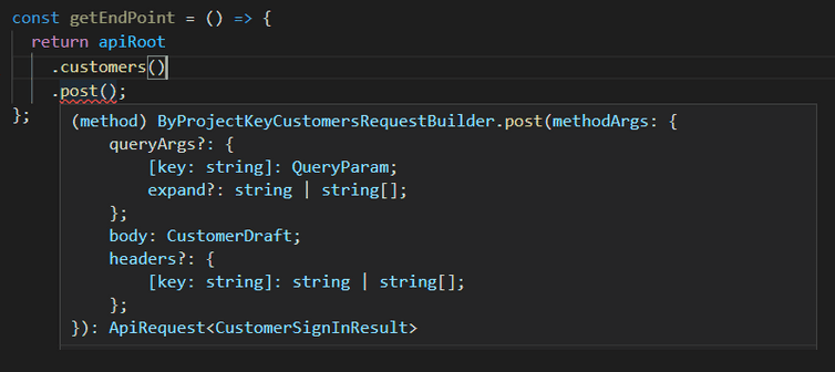 Screenshot of autocomplete for post() to the Customer endpoint