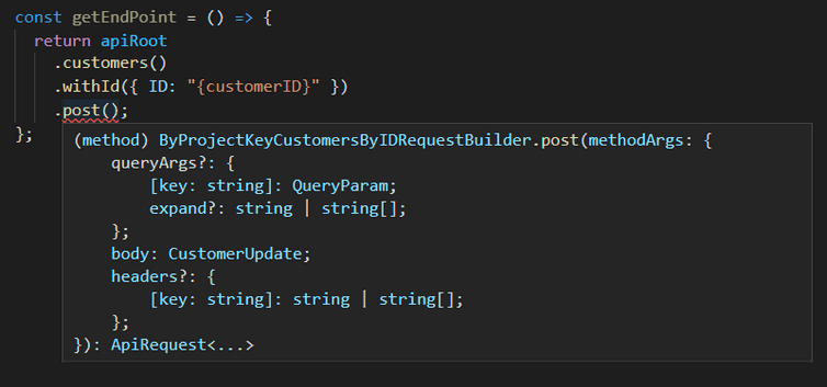 Screenshot of autocomplete for post() to a specific Customer