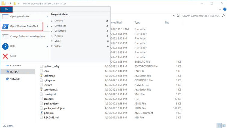 Opening the folder in Windows PowerShell