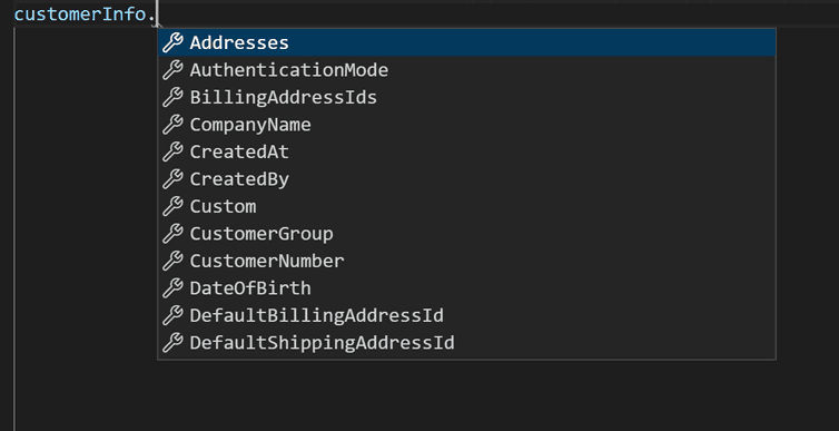 Screenshot of autocomplete for Customer object