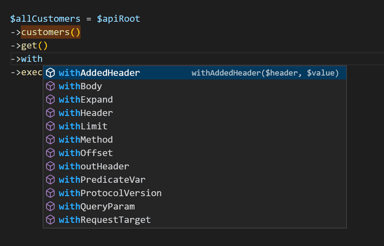 Screenshot of autocomplete for parameters