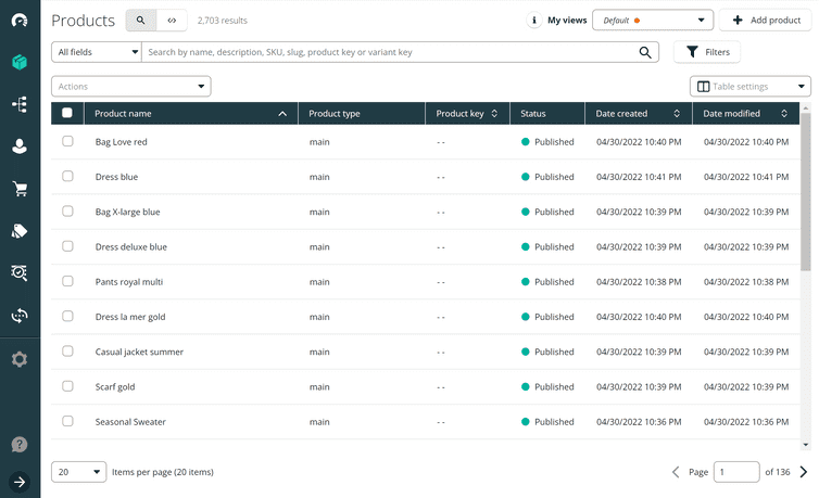 A screenshot of a full Product list